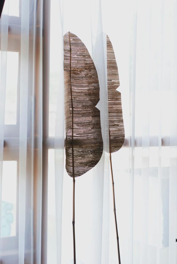 Cozy dry brown feather like plant placed on windowsill near white transparent curtains in daylight